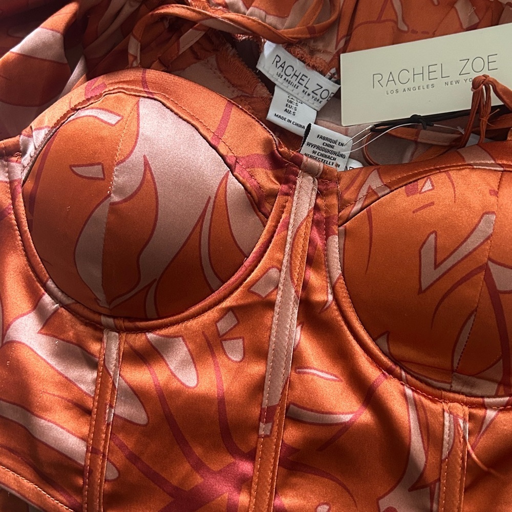 Rachel Zoe Satin Corset Top Wide Leg Pants Set NWT S Burnt Orange - Picture 8 of 12